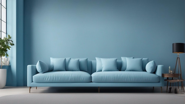 A hyper realistic sky blue sofa with light blue wall background 8k