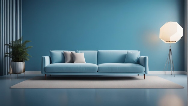 Гиперреалистичный голубой диван с светло-голубым фоном стены 8k