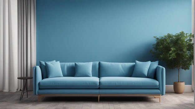 A hyper realistic sky blue sofa with light blue wall background 8k