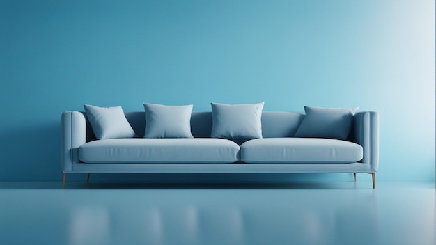 A hyper realistic sky blue sofa with light blue wall background 8k