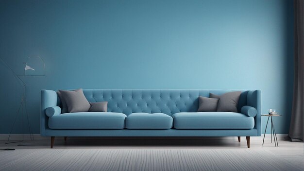 A hyper realistic sky blue sofa with light blue wall background 8k