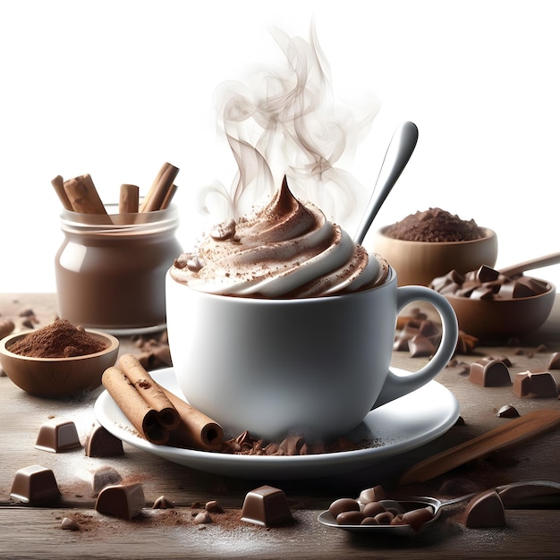 Hyper Realistic Steaming Hot Cocoa Cup on Wooden Table