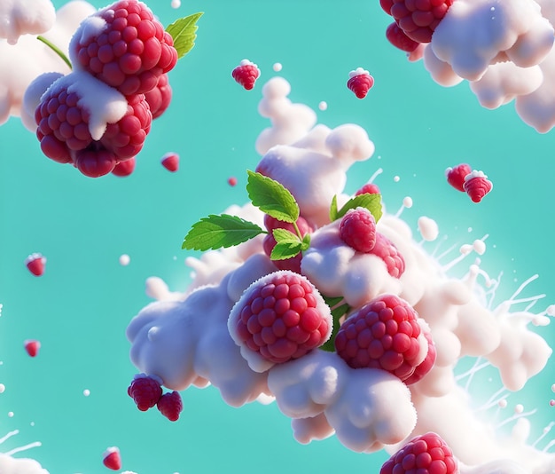 Hyper realistic a stop motion Photography thrown up in the air flying raspberry blackberry