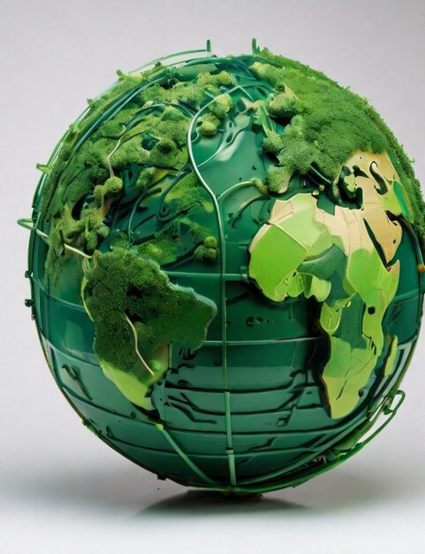 Hyper realistic stylized globe with interconnected green arrow