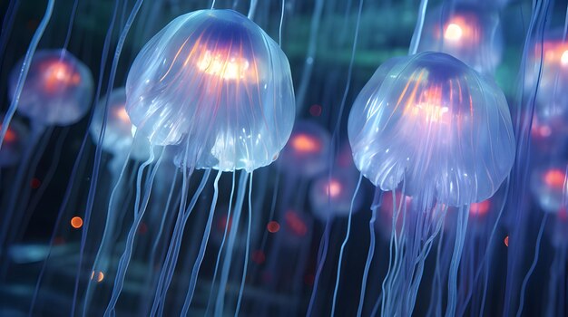 Photo hyper realistic texture of a bright luminous jellyfish underwater