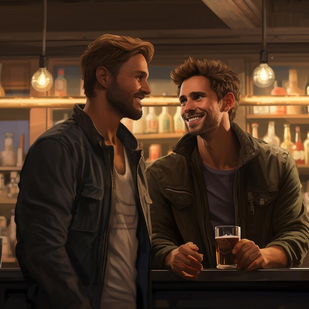 Photo hyper realistic twin black guys standing at bar rooftop and having a drink wearing same clothes s