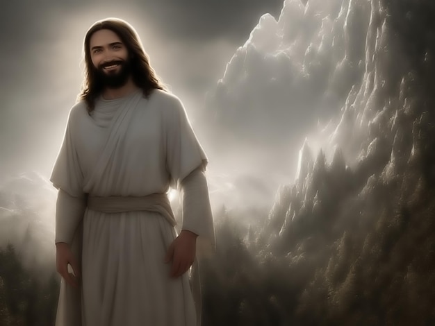 Photo hyper realistic ultra detailed photograph of jesus smiling standing on a hillside in a beam of pure