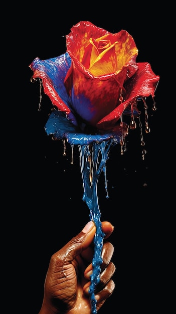 Фото Гиперреалистичная сверхдетальная психоделическая фотография руки, держащей каплю розы генеративный ии