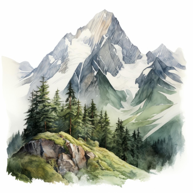 Hyper Realistic Watercolor Hill With Mountains