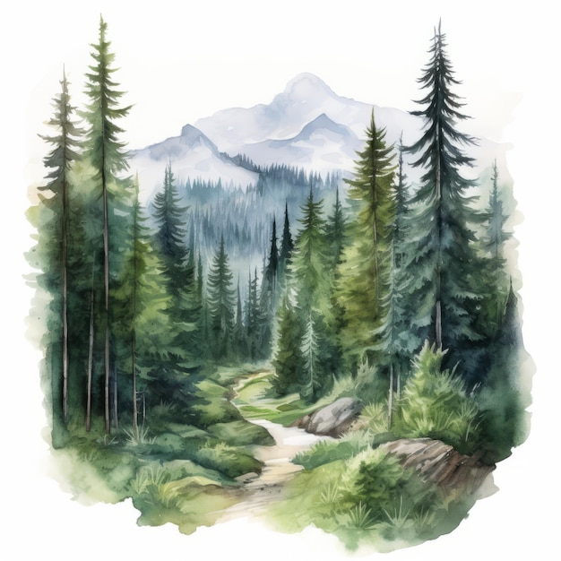 Hyper Realistic Watercolor Illustration Of Mountains And Forest