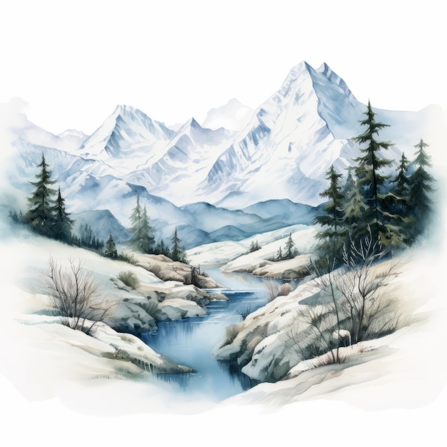 Hyper Realistic Watercolor Painting Of Snowy Mountains