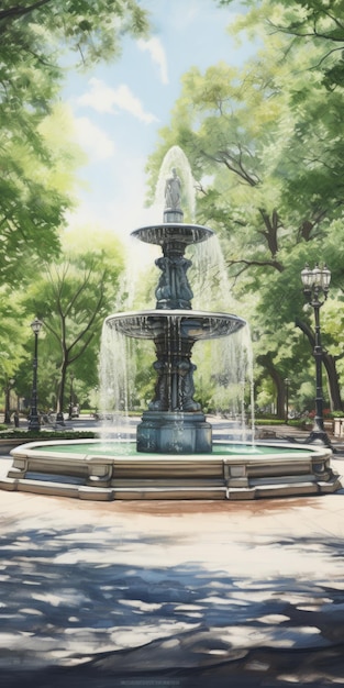 Фото Гиперреалистичный акварельный стиль изображения фонтана с видом на прогулку
