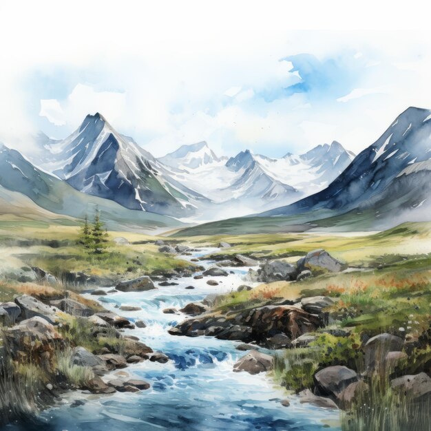 Hyper Realistic Watercolor Tundra With Mountains