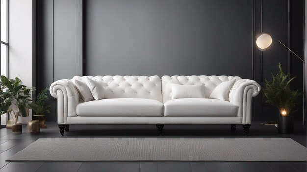 A hyper realistic white sofa with black wall background 8k