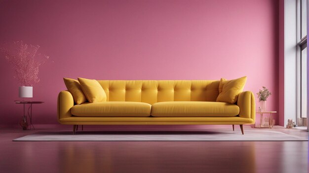 A hyper realistic yellow sofa with pink wall background 8k