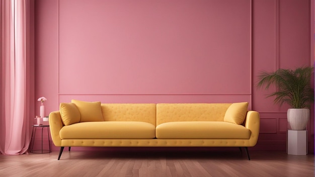 A hyper realistic yellow sofa with pink wall background 8k