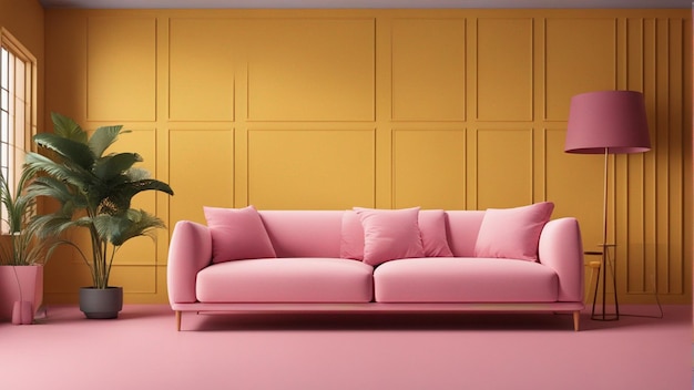 A hyper realistic yellow sofa with pink wall background 8k