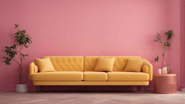 A hyper realistic yellow sofa with pink wall background 8k