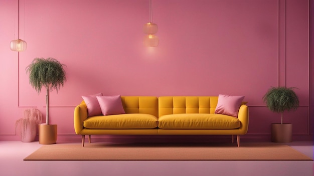 A hyper realistic yellow sofa with pink wall background 8k