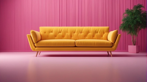 A hyper realistic yellow sofa with pink wall background 8k