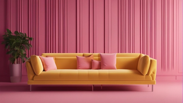 A hyper realistic yellow sofa with pink wall background 8k