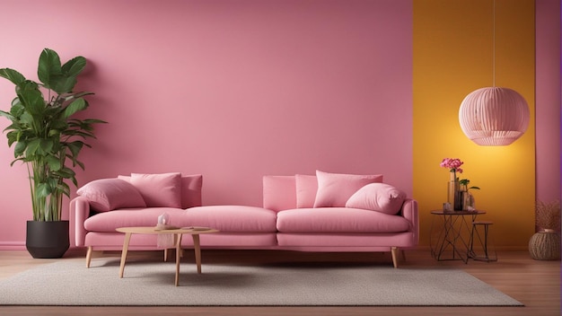 A hyper realistic yellow sofa with pink wall background 8k