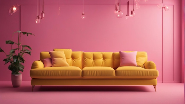 Photo a hyper realistic yellow sofa with pink wall background 8k