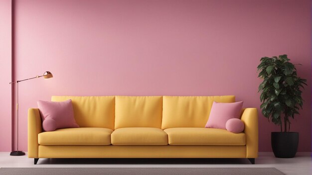 A hyper realistic yellow sofa with pink wall background 8k