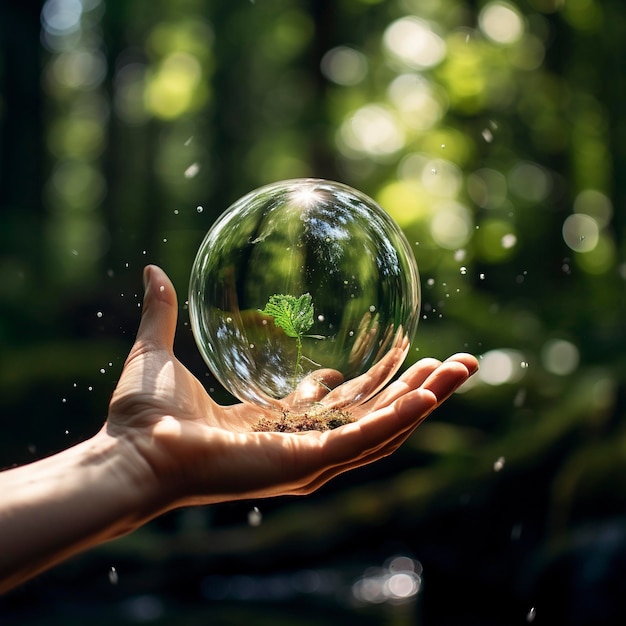 Foto hyper realistische foto van een zwevende bol van water en spettert overal de hand op een natuurlijke