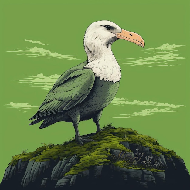 Photo hyperdetailed illustration of albatross standing on mossy green hill