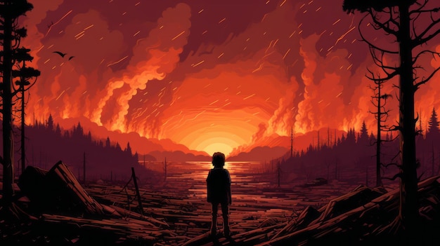Слишком подробная иллюстрация человека, стоящего в лесу с красным огнем