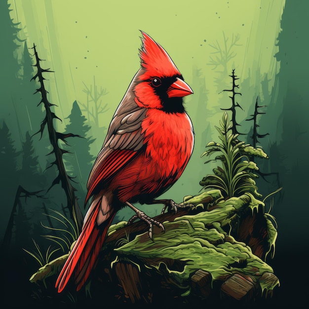 Photo hyperdetailed illustration of a red bird in the woods