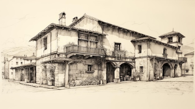 ワインの国イタリアの古い脱構築主義建築の超詳細な鉛筆スケッチ
