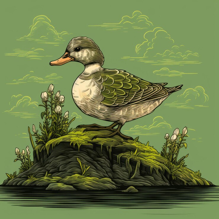 Photo hyperdetailed romantic illustration of a duck standing on moss