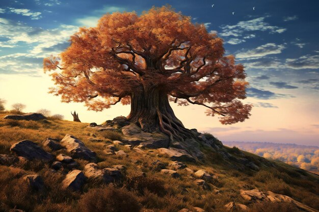 Hyperdetailed surreal chestnut oak tree on top of a hill majestic detailed vast landscape