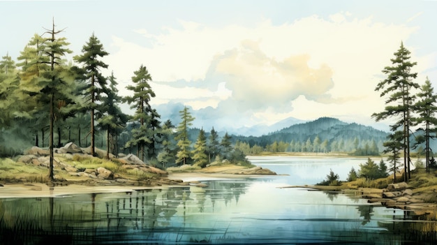 Hyperdetailed Watercolor Landscape Tranquil Hinterland Sketch Of Pine Trees