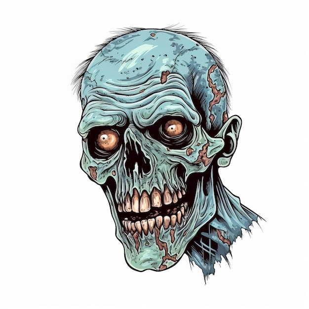 Hyperdetailed Zombie Head Illustration In Light Blue And Bronze
