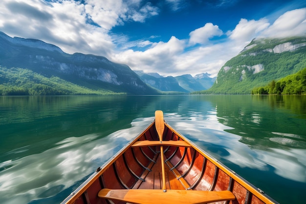 A hyperealistic canoe at a cross range in a lake with mountains and cloudy sky