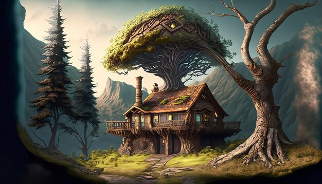 a hyperealistic cottage with ancient tree high resolution