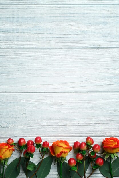 Hypericum, roses and rowan on white wooden background