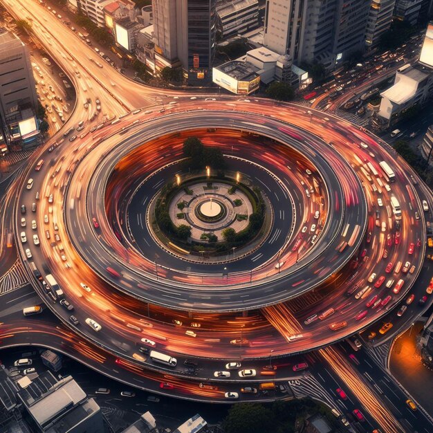 Photo hyperlapse timelapse of car traffic transportation above circle roundabout road drone aerial view