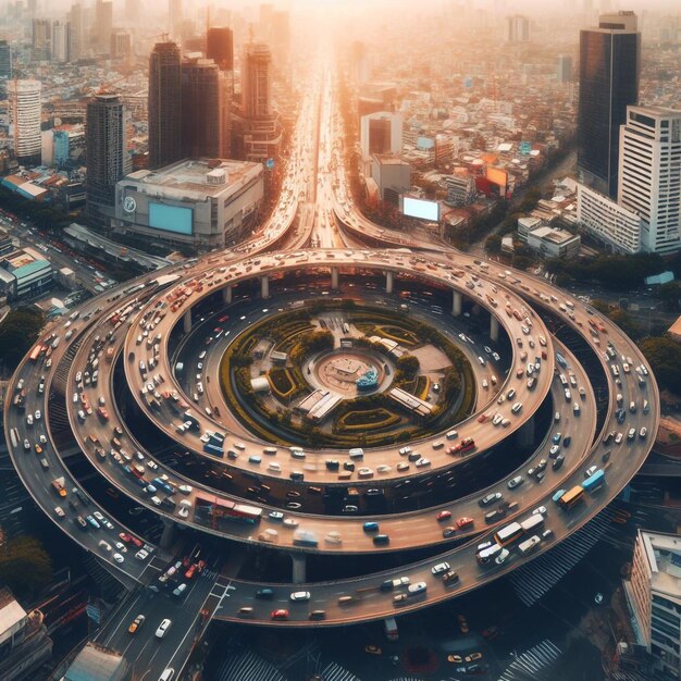 Photo hyperlapse timelapse of car traffic transportation above circle roundabout road drone aerial view