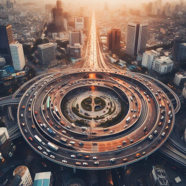 Hyperlapse timelapse van autoverkeer vervoer boven cirkel rotonde weg drone luchtbeeld
