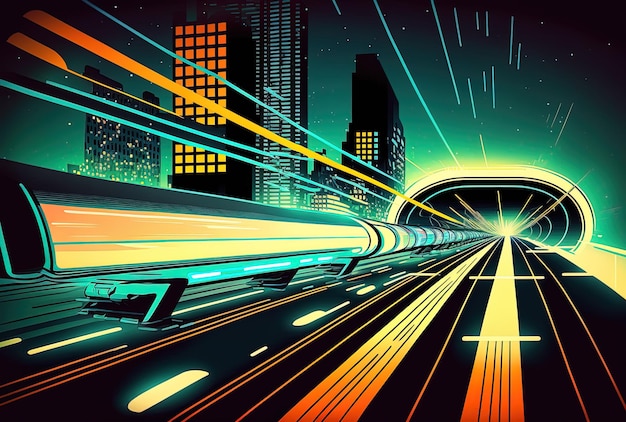 Hyperloop traveling at warp speed when illuminated by city lights at night