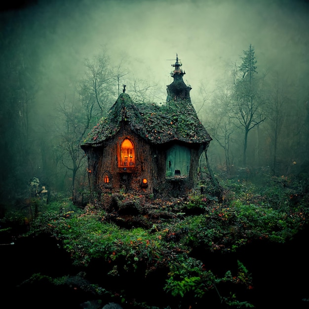 Hyperreal fairy cottage in a spooky forest clearing, foggy,\
dark lighting