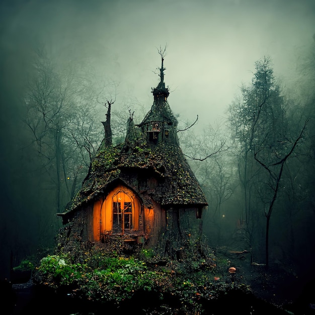 Hyperreal fairy cottage in a spooky forest clearing, foggy,\
dark lighting