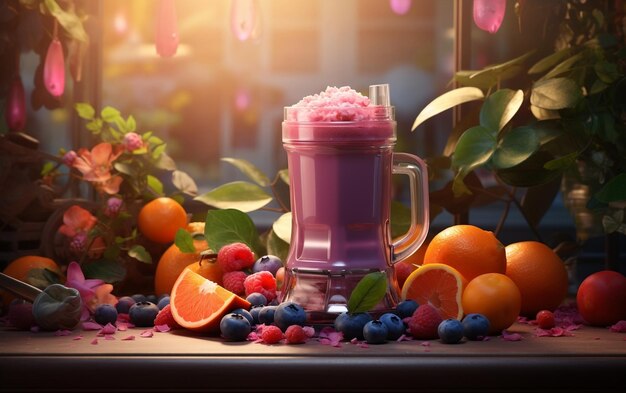 Photo hyperreal fruit in a blender generative by ai