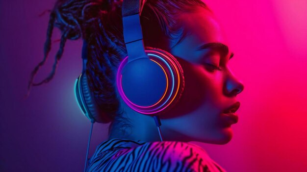 Hyperreal illustration of a young girl in neon light and colorful headphones