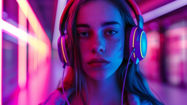 Foto un'immagine iperreale di una giovane donna con le cuffie colorate sotto la luce al neon.