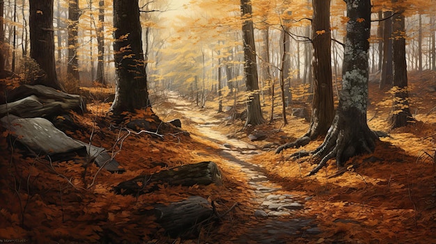 Hyperreal portrayal of a peaceful autumn forest